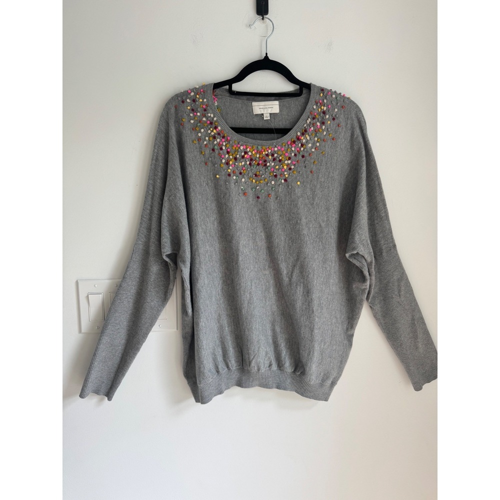 Angel of the North Anthropologie Gray Pom Pom Embroidered Dolman Sweater Large